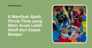 Guru dan sekelompok anak duduk melingkar di atas karpet warna-warni saat circle time di kelas, berinteraksi dan belajar bersama dengan gembira